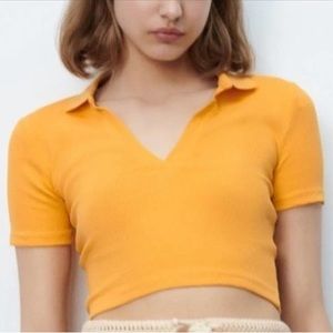 NWOT! Zara Ribbed Cropped Polo T-Shirt- Mustard Yellow, sz. M /L